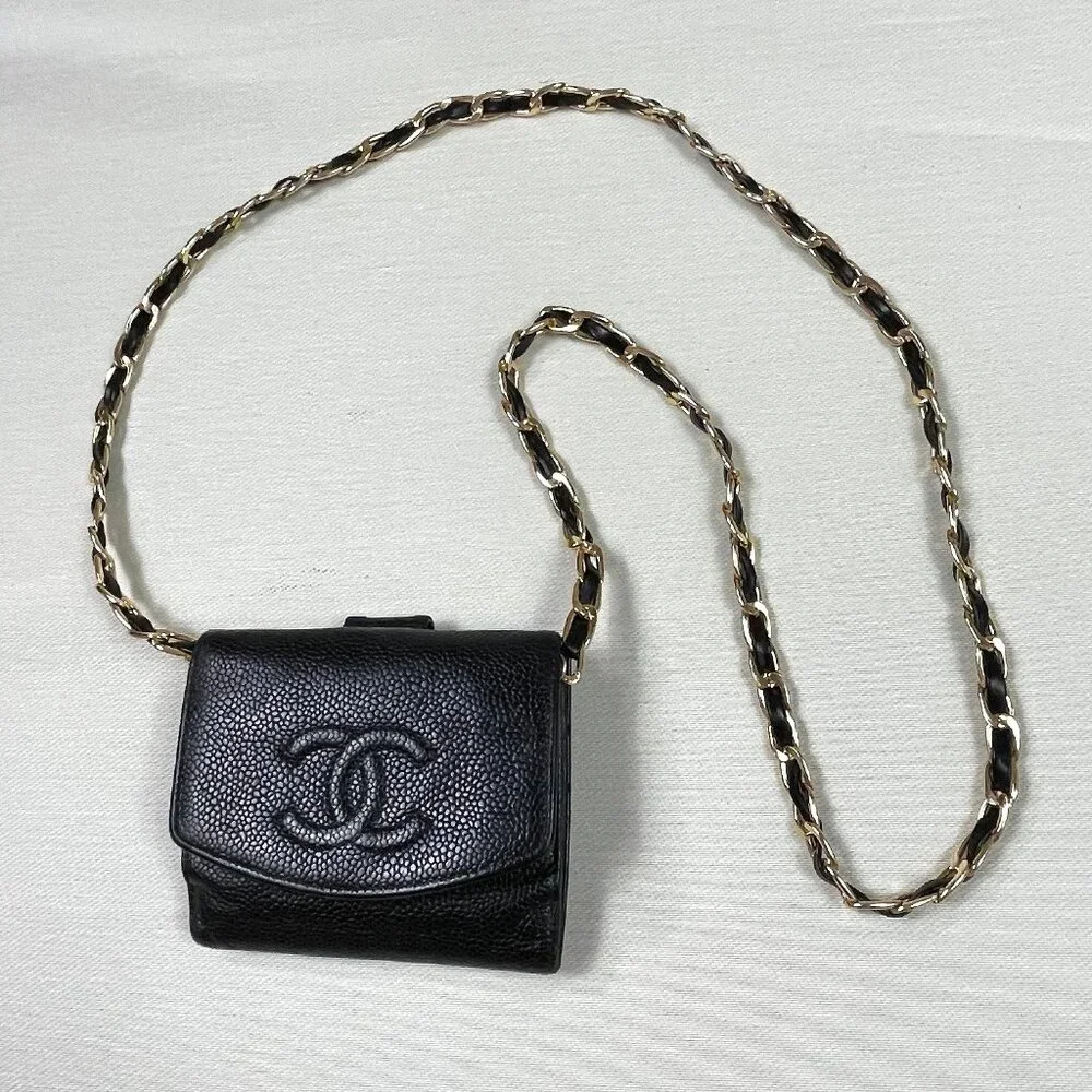Chanel black caviar leather CC Logo trifold wallet on chain